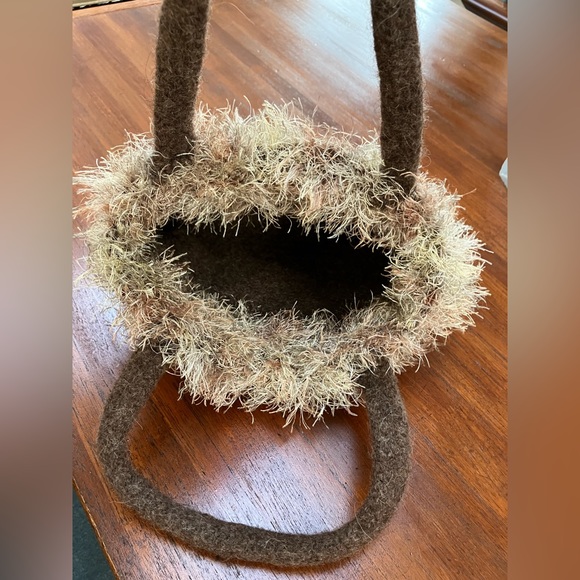 Felted Knitted small evening bag. Brown w/beige “Fun Fur”band.Do u know felting? - Picture 3 of 3